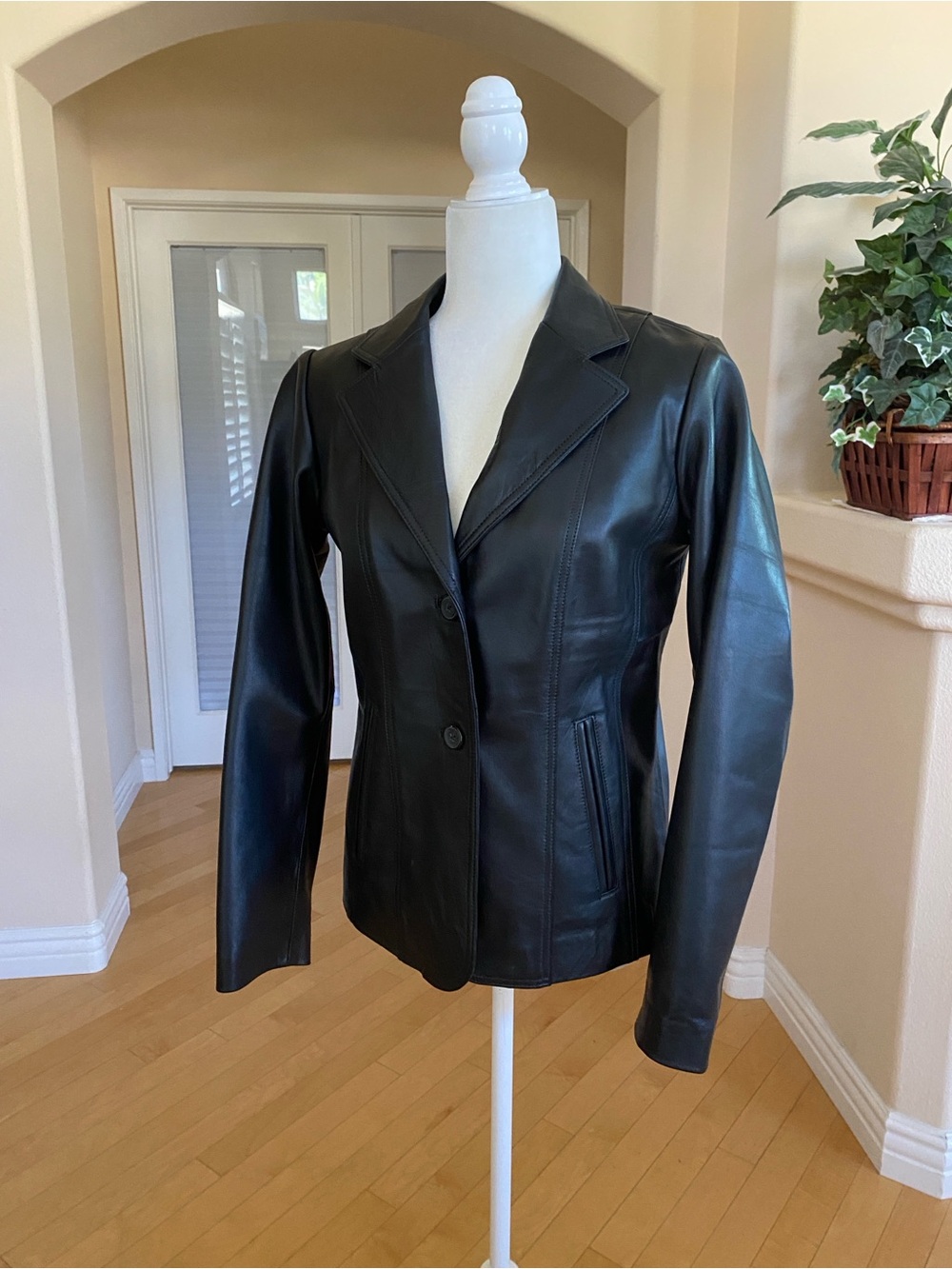 Women's Black Leather Blazer Jacket - Tailored Two-Button Style